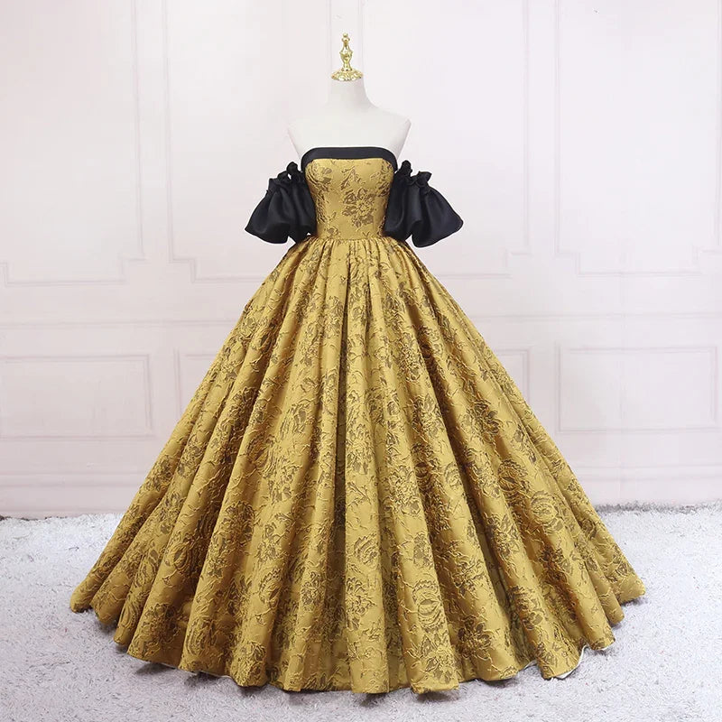 Abito da sposa dorato sottile in stile retrò moda, vestito da ballo d'epoca s04
