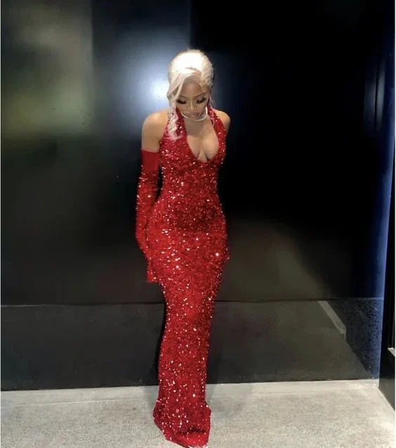 Vestido de Baile Vermelho com Lantejoulas, Alças ao Pescoço, Sexy para Rapariga Negra, Vestido Longo de Sereia para Noite Y7822
