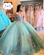 See Blaue Prinzessin Ballkleid 3D Blumen Quinceañera Kleider Schulterfrei Applikationen Perlenbesetztes Maxikleid Süßes 16 Kleid Y2632