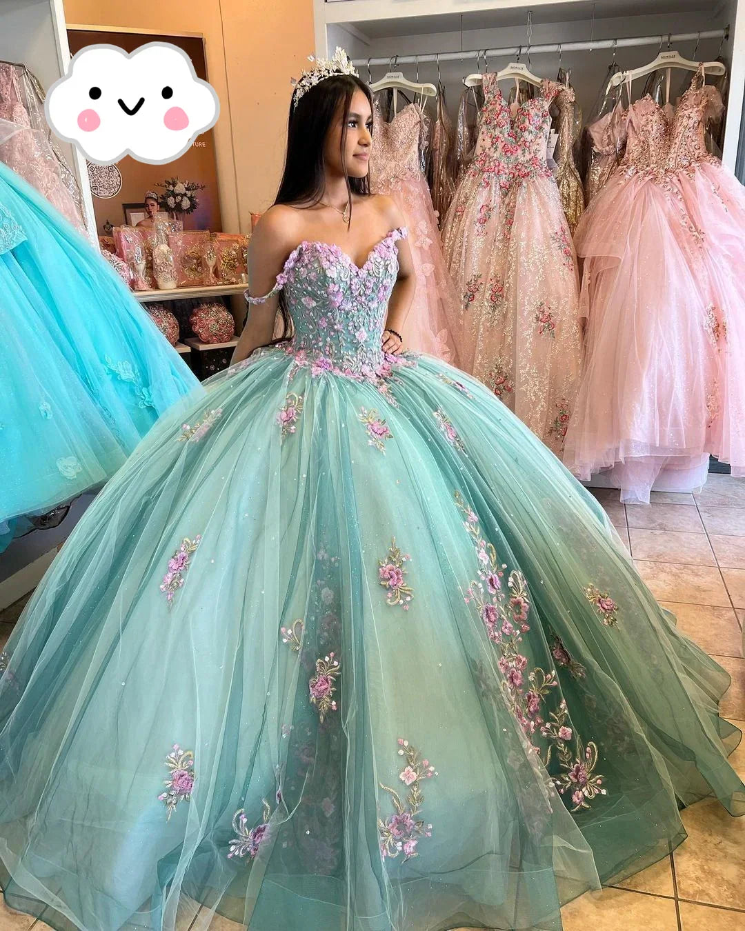 Vestido de Gala Princesa Azul Lago con Flores 3D Vestidos de Quinceañera Hombros Descubiertos Aplicaciones con Cuentas Vestido Largo Dulce 16 Y2632