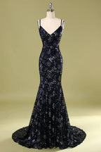 Abito da sera blu marina con perline e paillettes, elegante abito da ballo Y1832