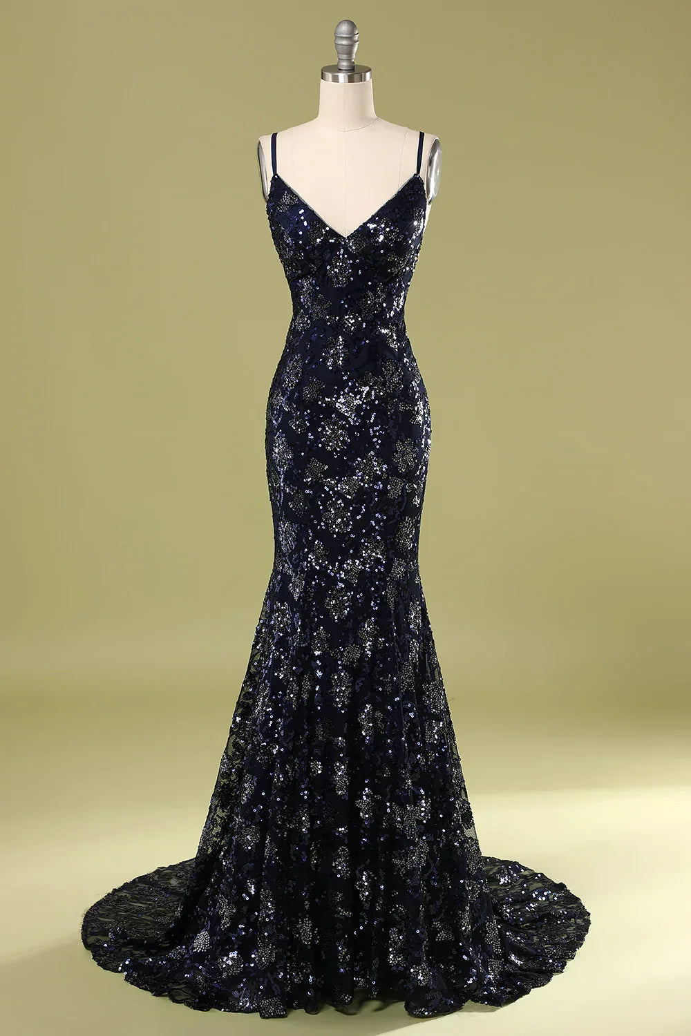 Vestido de Noite Azul Marinho com Lantejoulas e Contas, Vestido Elegante para Baile Y1832