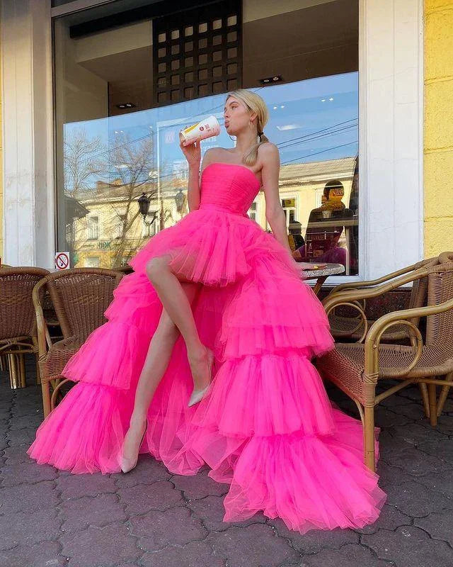 Vestido de Festa/Noite Longo Rosa Princesa Linha A Assimétrico Sem Alças com Folhos Y76