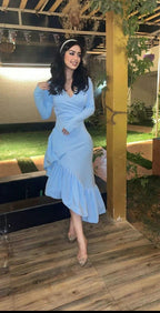 Vestido de Baile Formal Azul Elegante com Decote em V e Cauda de Sereia Y8181