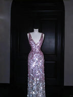 Splendido abito lungo da sera rosa con scollo a V e paillettes Y8688