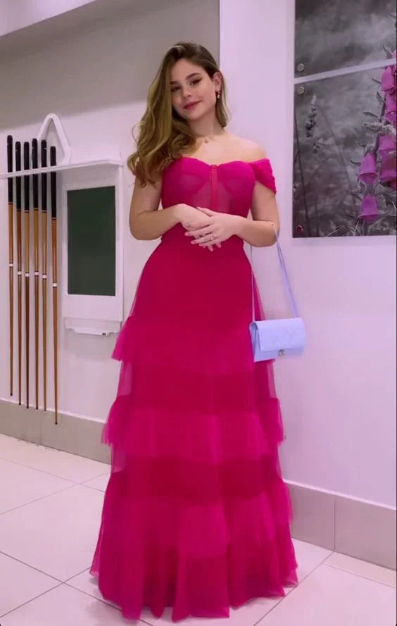 Splendido abito da sera in tulle con spalle scoperte, abito da gala Y5647