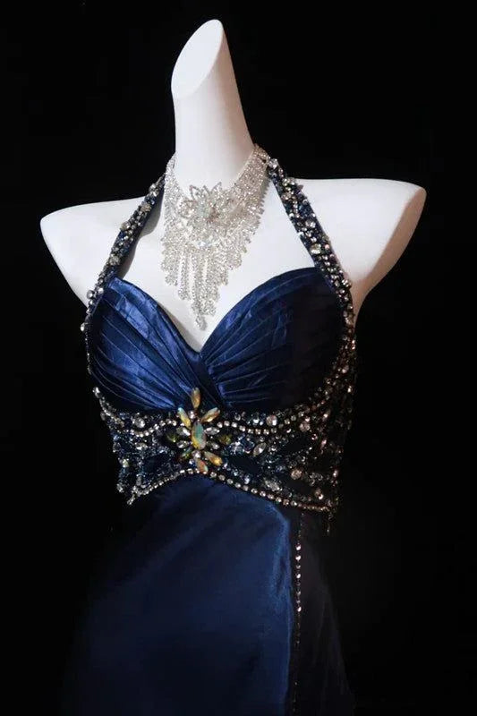 Abito da sera formale blu navy di lusso con perline e spacco Abito da ballo Y7723