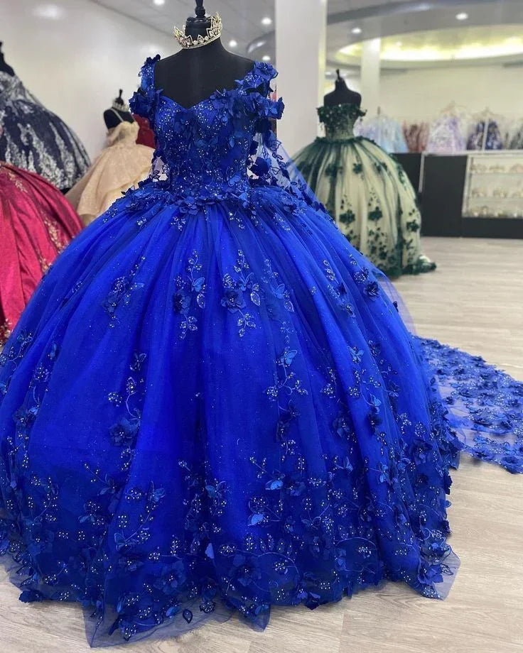Vestido de princesa azul real para quinceañera con cola para niñas, largo para fiesta de graduación y velada, Y2479