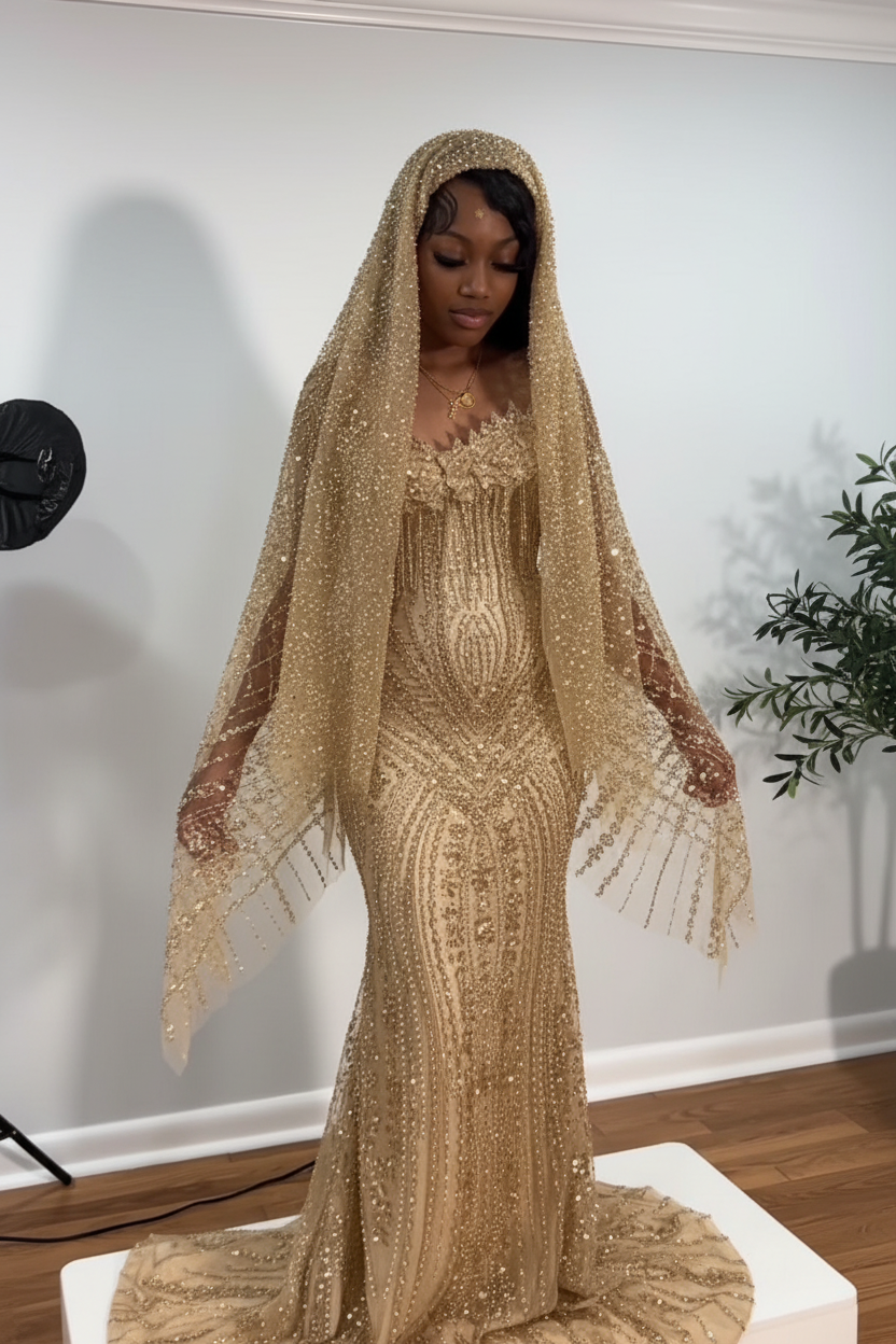 Ruby Heiress Hand Beaded Crimson Mermaid Gown With Crystal Encrusted Hooded Veil