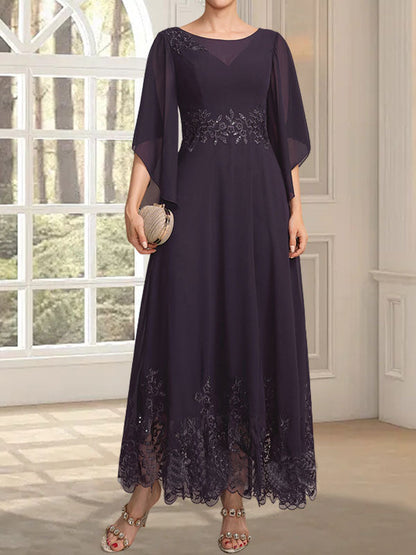 A-Linie, U-Ausschnitt, Illusion, knöchellang, Spitzen-Chiffon, Kleid für die Brautmutter mit Pailletten 