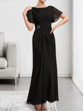 Robe de mère de la mariée en mousseline, longueur cheville, en ligne A, encolure dégagée, ornée de perles et plissée