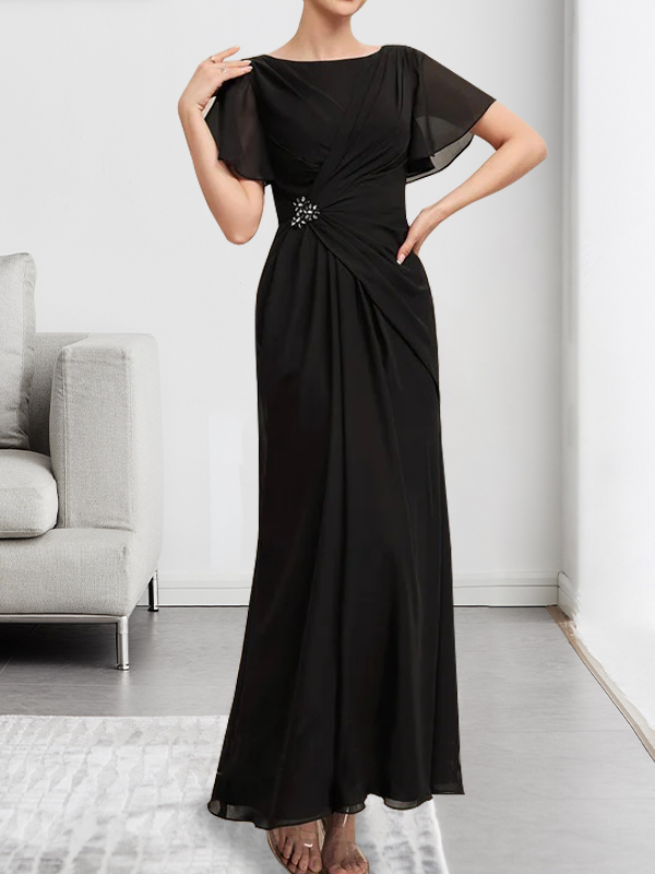 Robe de mère de la mariée en mousseline, longueur cheville, en ligne A, encolure dégagée, ornée de perles et plissée