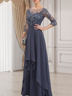 Robe de mère de la mariée en dentelle et mousseline, longueur au sol, ligne en A, décolleté en U avec volants en cascade