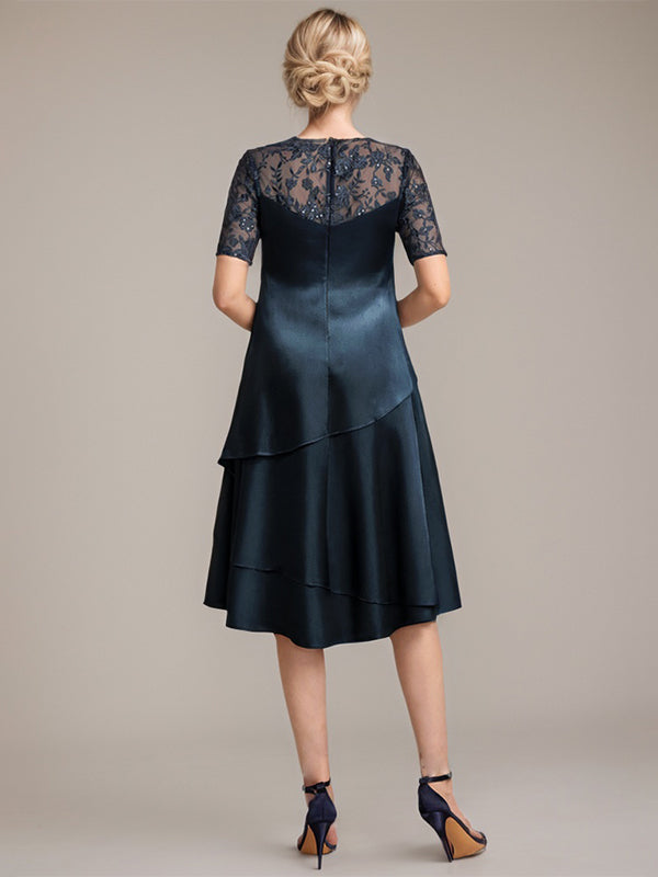 A-Linie, U-Ausschnitt, knielanges Kleid für die Brautmutter mit Applikationen und Pailletten 