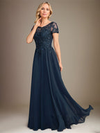Robe de mère de la mariée en mousseline, longueur au sol, coupe en A, décolleté arrondi, ornée d'appliques et de paillettes