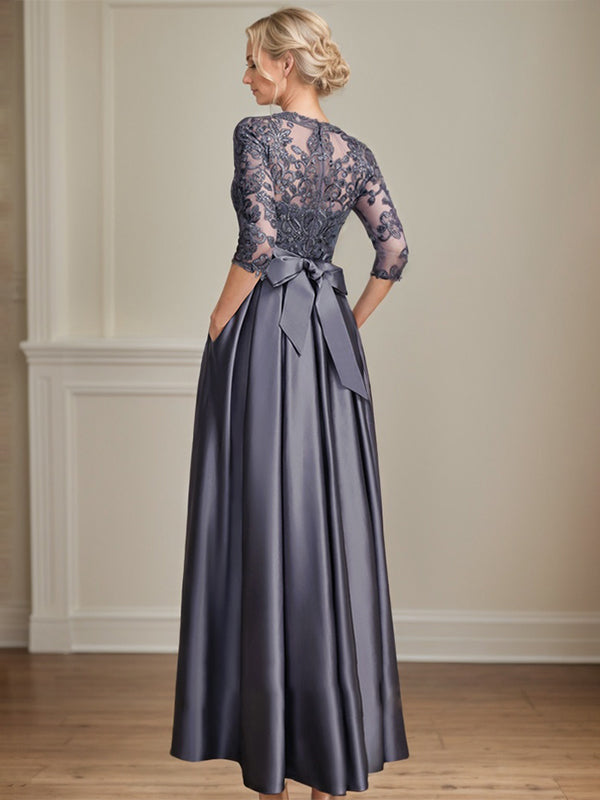 A-Linie, U-Ausschnitt, Illusion, bodenlanges Satin-Spitzenkleid für die Brautmutter mit Paillettenschleife 