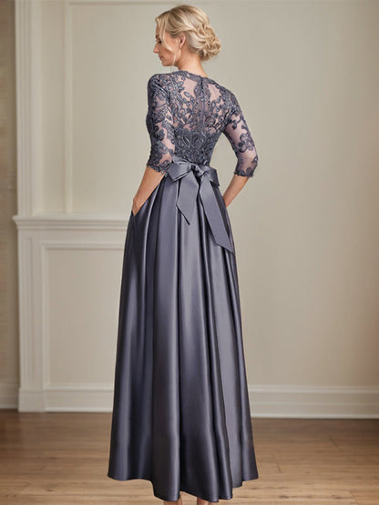 A-Linie, U-Ausschnitt, Illusion, bodenlanges Satin-Spitzenkleid für die Brautmutter mit Paillettenschleife 