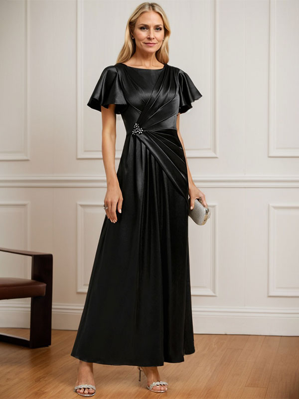 Robe de mère de la mariée en satin extensible, longueur cheville, en ligne A, décolleté arrondi, ornée de perles plissées