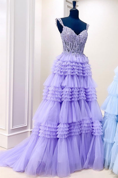 Vestido de fiesta largo de tul con hombros descubiertos y volantes en capas
