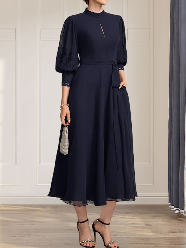 Abito da madre della sposa in chiffon di pizzo, linea a trapezio, collo alto, lunghezza al tè, con fiocco