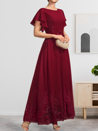 Robe de mère de la mariée en mousseline de soie à dentelle, longueur cheville, en forme trapèze avec décolleté arrondi et paillettes