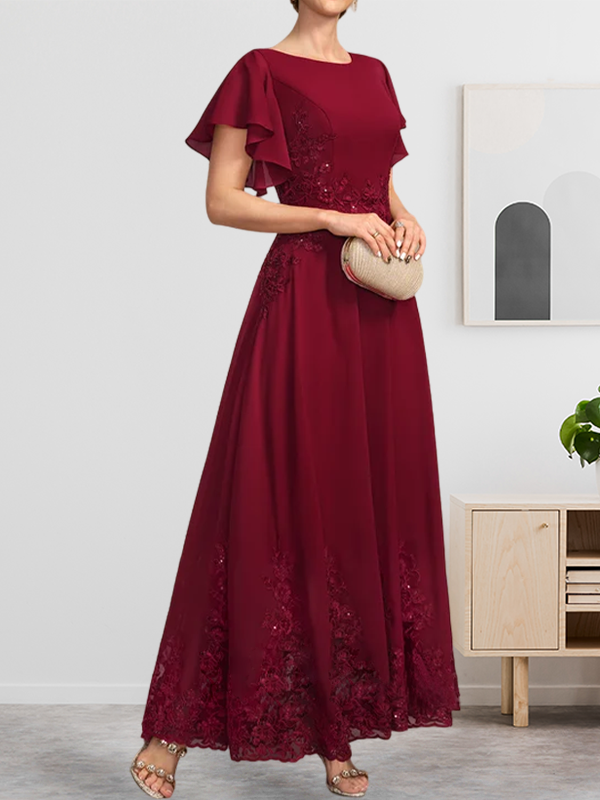 Robe de mère de la mariée en mousseline de soie à dentelle, longueur cheville, en forme trapèze avec décolleté arrondi et paillettes