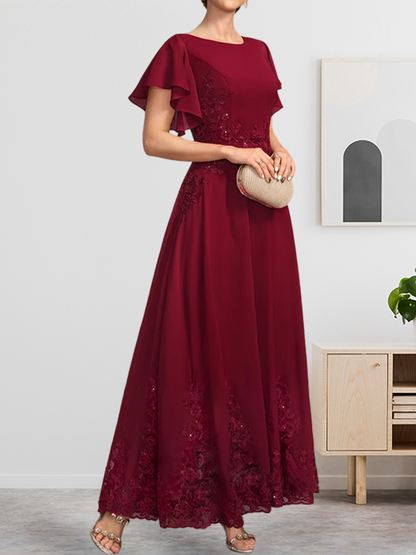 Vestido de gasa con encaje y lentejuelas para madre de la novia, corte A, escote redondo hasta los tobillos
