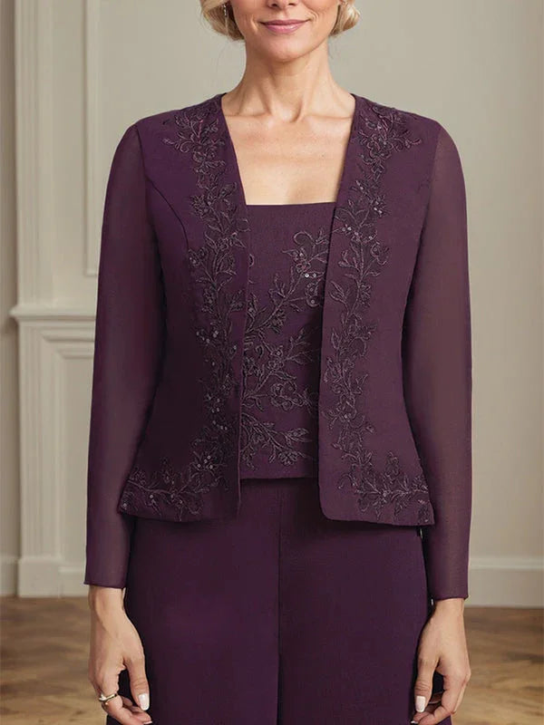 جمبسوت/بدلة منفصلة بطول الكاحل مربعة من الشيفون بالدانتيل فستان أم العروس مزين بالترتر