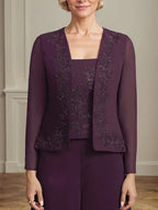 جمبسوت/بدلة منفصلة بطول الكاحل مربعة من الشيفون بالدانتيل فستان أم العروس مزين بالترتر