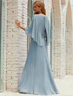 Abito da Damigella Donna Manica Lunga Scollatura a V Chiffon Abito da Cerimonia Matrimonio Festa 28018