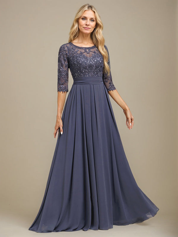 A-Linie U-Ausschnitt Bodenlang Spitzen-Chiffon-Kleid für die Brautmutter mit Paillettenapplikation 