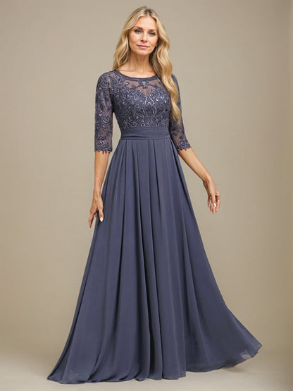 A-Linie U-Ausschnitt Bodenlang Spitzen-Chiffon-Kleid für die Brautmutter mit Paillettenapplikation 