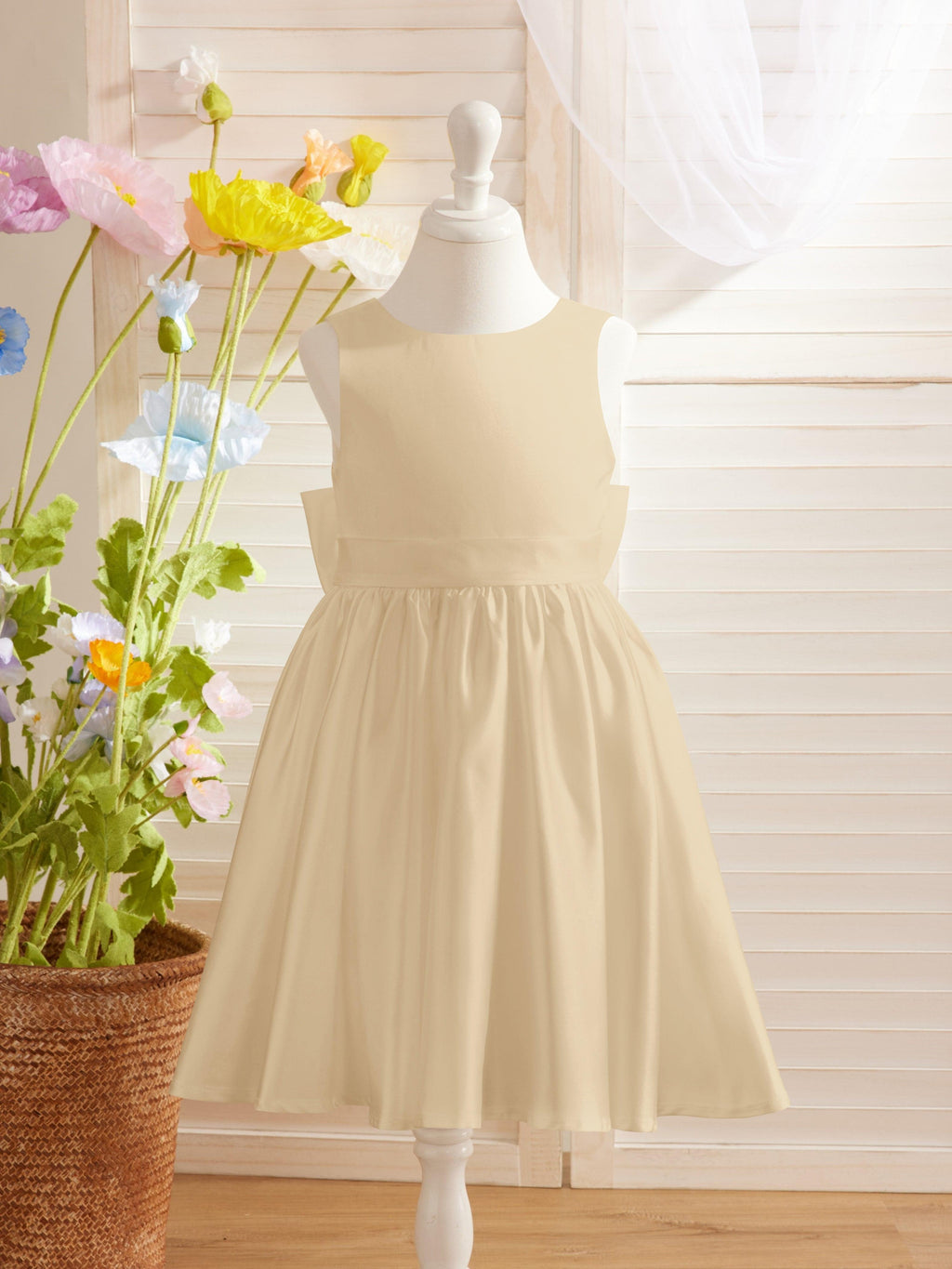 Ivory Satin Knee Length Flower Girl Dress Princess A Line Bow