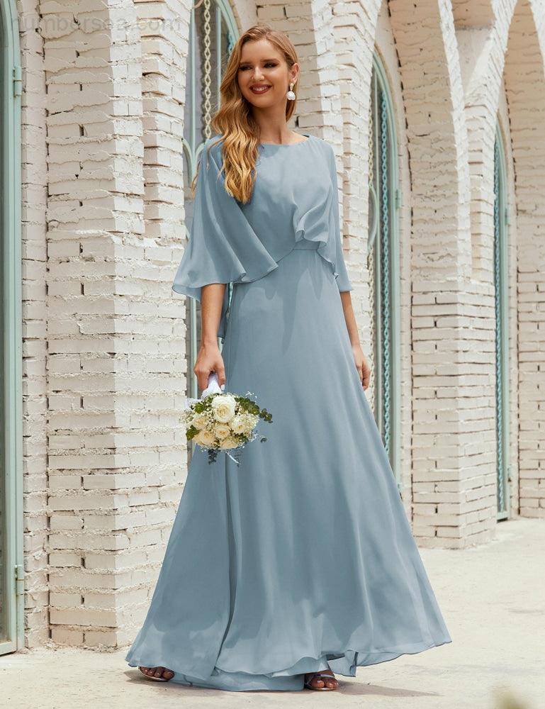 Abito da Damigella Donna Manica Lunga Scollatura a V Chiffon Abito da Cerimonia Matrimonio Festa 28018