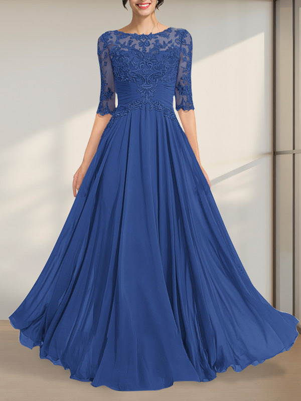 A-Linie, U-Ausschnitt, Illusion, bodenlanges Chiffon-Spitzenkleid für die Brautmutter mit plissierten Pailletten