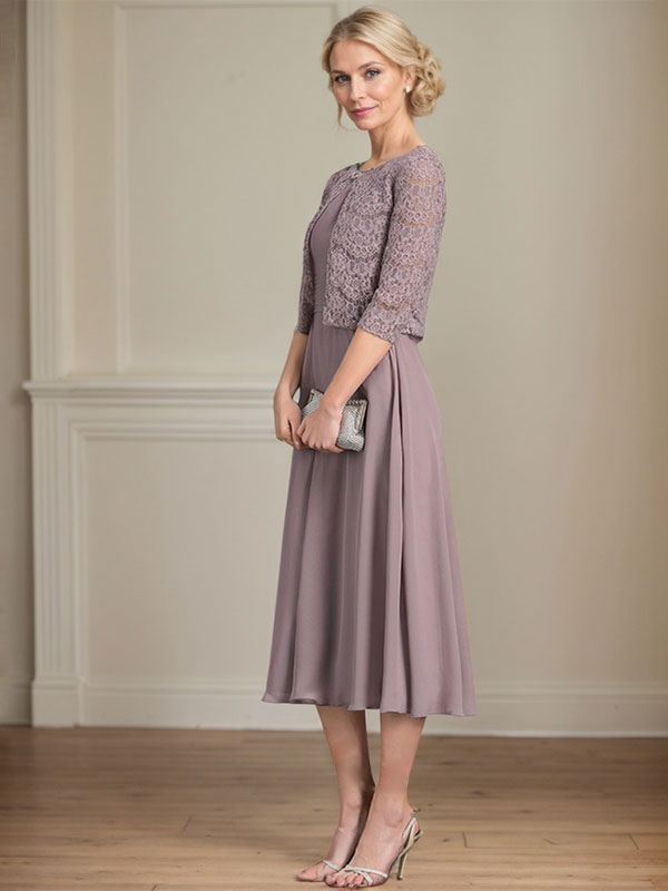 Robe de mère de la mariée en mousseline, longueur thé, en forme de A, décolleté arrondi avec plis