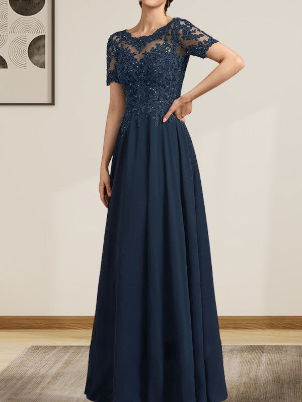 A-Linie U-Ausschnitt Illusion Bodenlang Chiffon Spitze Mutter der Braut Kleid mit Pailletten Perlen