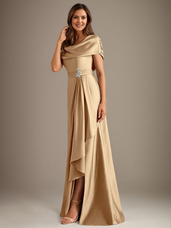 Robe de mère de la mariée en satin extensible, longueur au sol, coupe en A avec encolure dégagée et volants en cascade