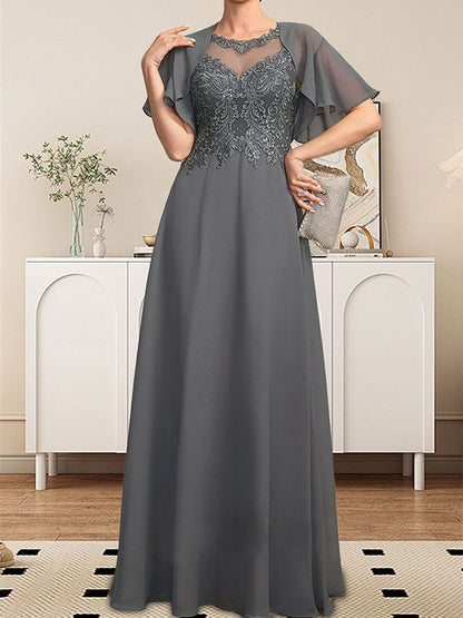 A-Linie, U-Ausschnitt, Illusion, bodenlanges Spitzen-Chiffon-Kleid für die Brautmutter mit Pailletten