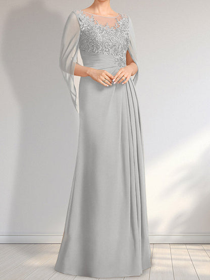 A-Linie, U-Ausschnitt, Illusion, bodenlanges Chiffon-Kleid für die Brautmutter mit plissierten Pailletten