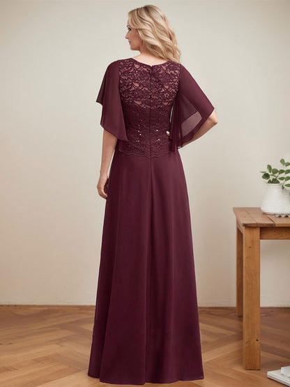 A-Linie, U-Ausschnitt, Illusion, bodenlanges Spitzen-Chiffon-Kleid für die Brautmutter mit Pailletten 