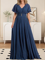 A-line V-Neck Floor-Length Chiffon Mother of the Bride Dress With Crystal Brooch Pleated