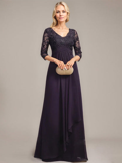 Vestido de madre de la novia de gasa con encaje, escote en V, largo hasta el suelo, con volantes en cascada y lentejuelas 