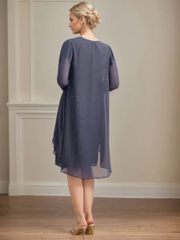 Abito da madre della sposa in pizzo e chiffon con gonna a colonna a effetto illusion fino al ginocchio, con balze a cascata e paillettes