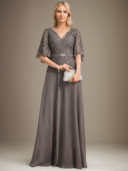 A-Linie V-Ausschnitt Bodenlang Chiffon Spitze Mutter der Braut Kleid Mit Kristall Brosche Strass 