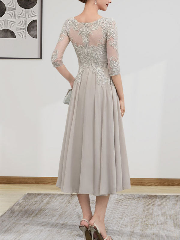 A-Linie, U-Ausschnitt, Illusion, knielang, Chiffon, Spitze, Kleid für die Brautmutter mit Perlen und Pailletten