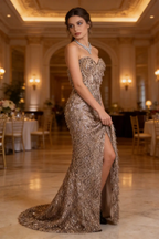 Luxury Strapless Fringe Sequin Formal Gown with Train by tangjianjun