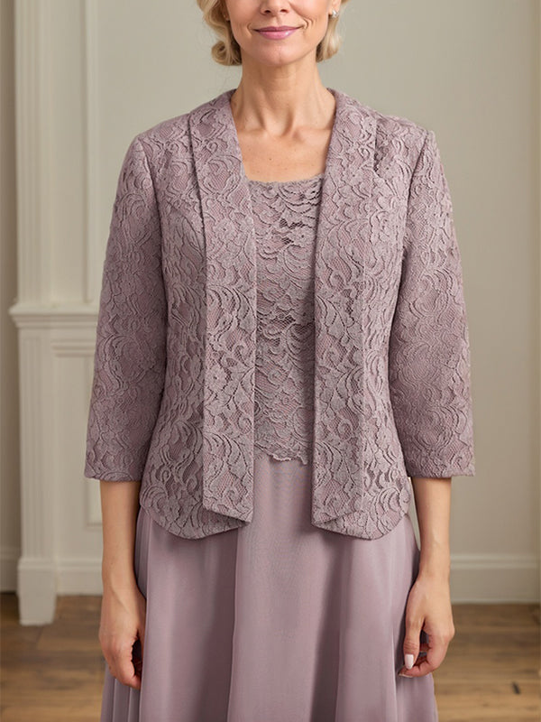 Robe de mère de la mariée en dentelle et mousseline, longueur thé, coupe en A avec encolure dégagée