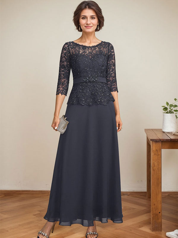 Robe de mère de la mariée en dentelle en mousseline, longueur cheville, coupe trapèze, décolleté illusion en forme de goutte, ornée de perles en strass