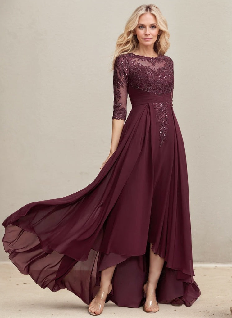 A-Linie, U-Ausschnitt, Illusion, asymmetrisch, Spitze, Chiffon, Kleid für die Brautmutter mit plissierten Pailletten 